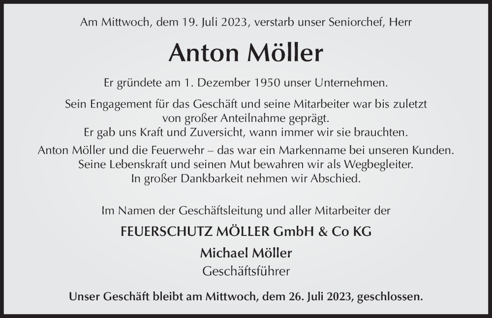  Traueranzeige für Anton Möller vom 22.07.2023 aus FZ