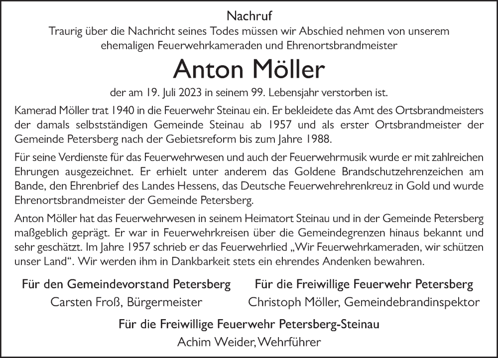  Traueranzeige für Anton Möller vom 25.07.2023 aus FZ