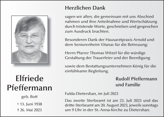 Traueranzeige von Elfriede Pfeffermann von FZ
