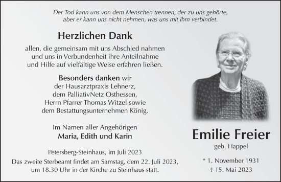 Traueranzeige von Emilie Freier von FZ