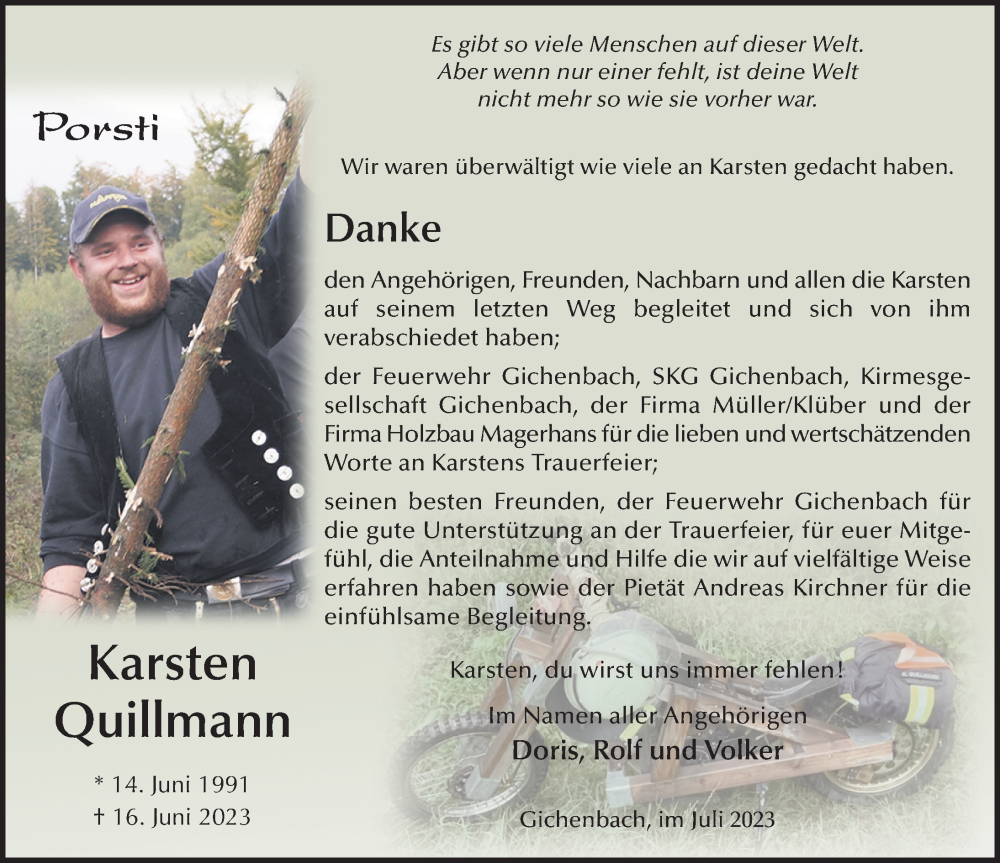  Traueranzeige für Karsten Quillmann vom 15.07.2023 aus FZ