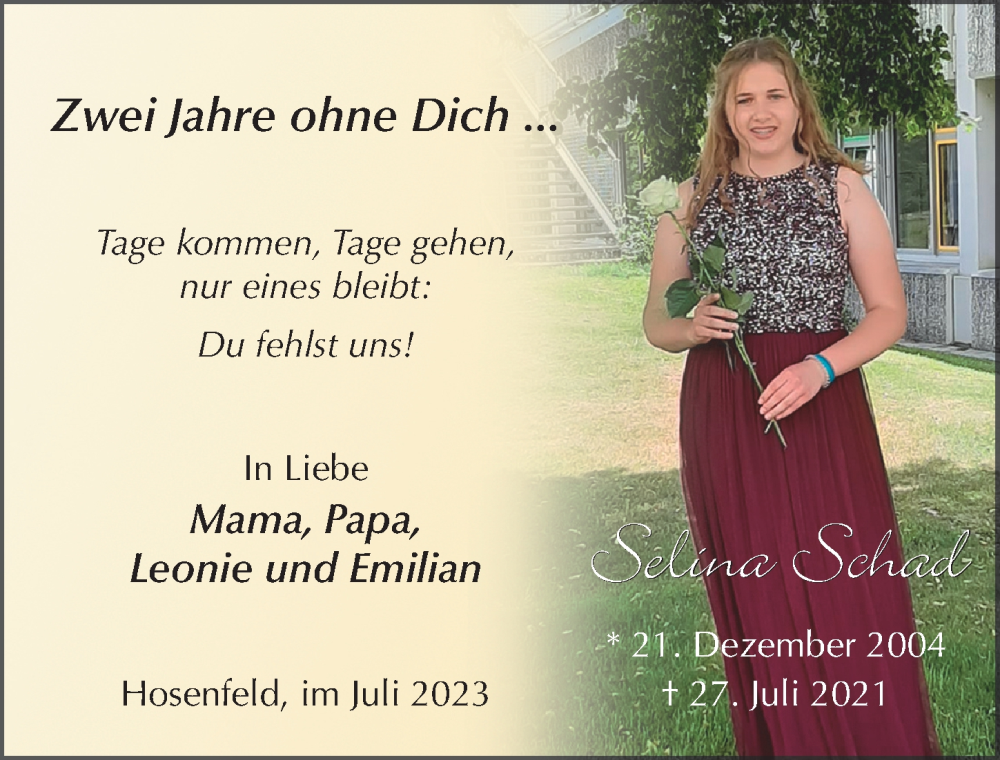  Traueranzeige für Selina Schad vom 27.07.2023 aus FZ