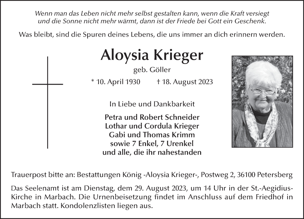  Traueranzeige für Aloysia Krieger vom 26.08.2023 aus FZ