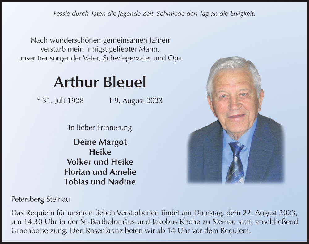  Traueranzeige für Arthur Bleuel vom 19.08.2023 aus FZ