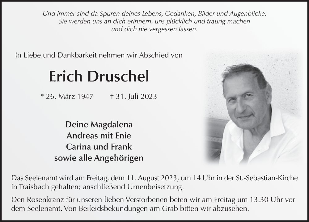  Traueranzeige für Erich Druschel vom 05.08.2023 aus FZ