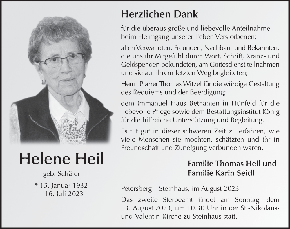  Traueranzeige für Helene Heil vom 10.08.2023 aus FZ