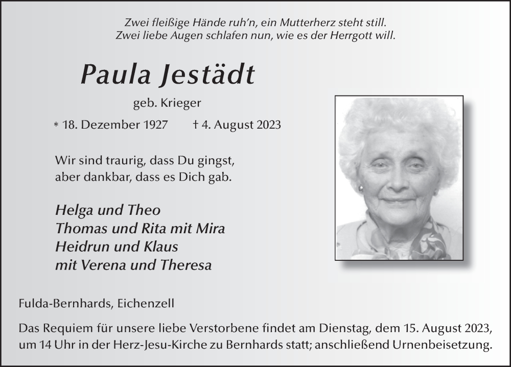  Traueranzeige für Paula Jestädt vom 09.08.2023 aus FZ