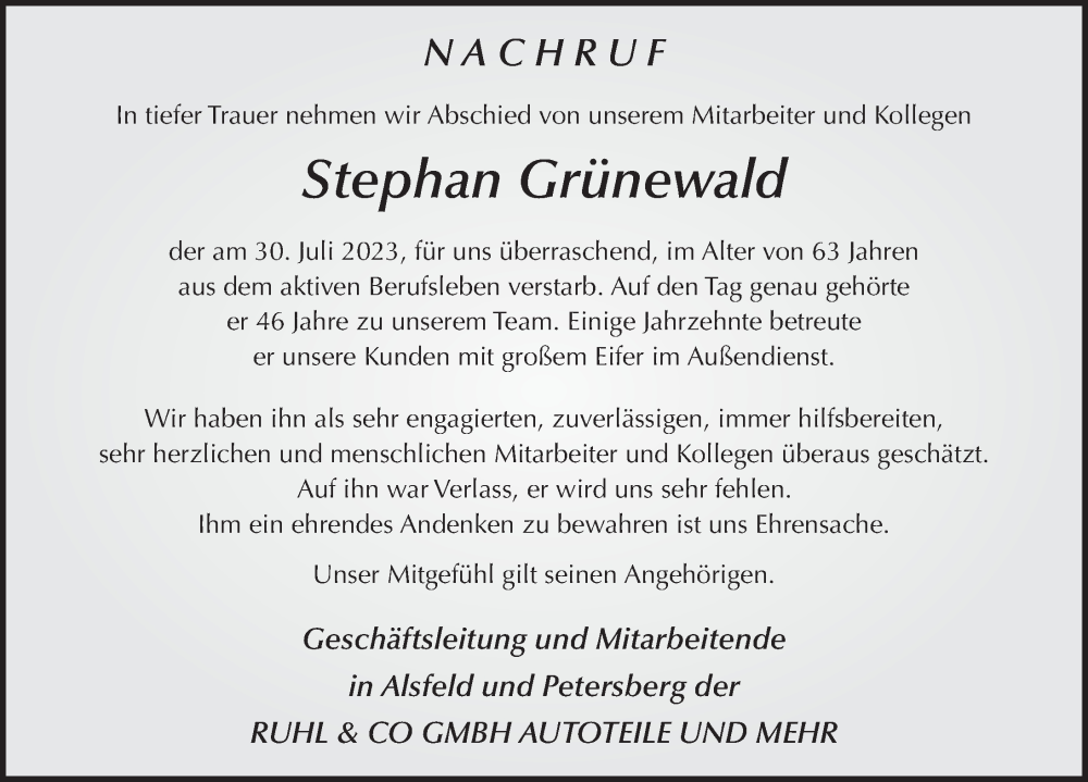  Traueranzeige für Stephan Grünewald vom 12.08.2023 aus FZ
