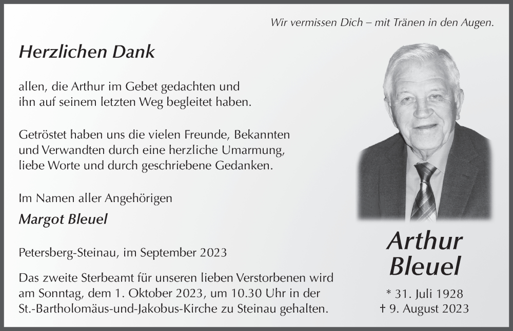  Traueranzeige für Arthur Bleuel vom 23.09.2023 aus FZ