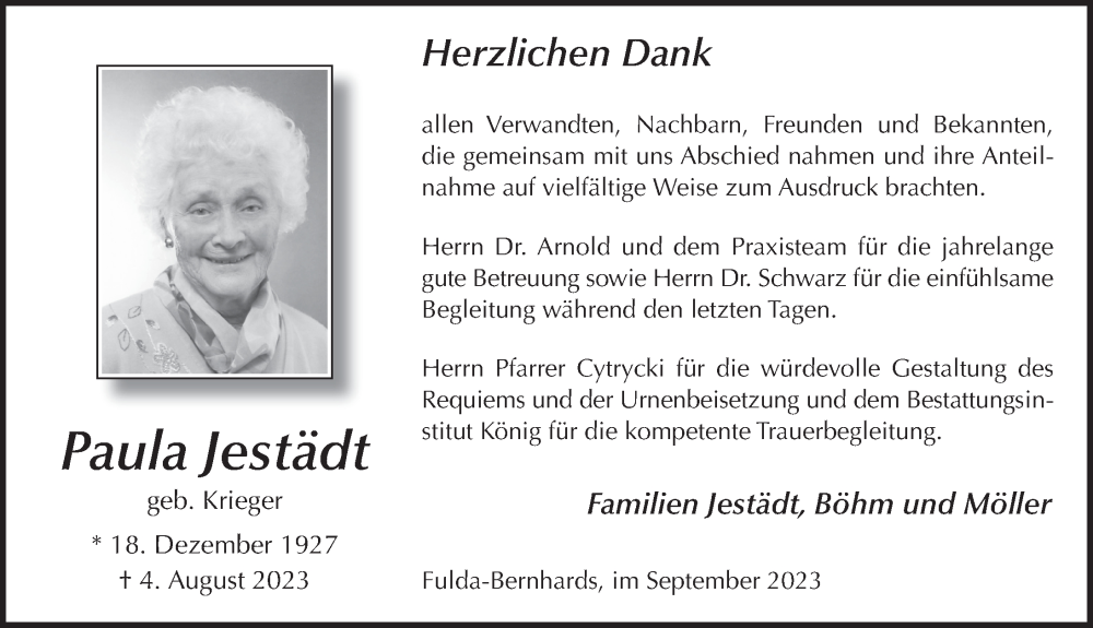  Traueranzeige für Paula Jestädt vom 30.09.2023 aus FZ