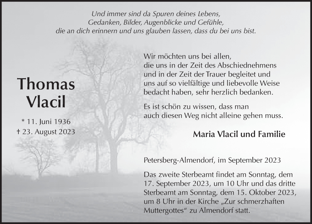  Traueranzeige für Thomas Vlacil vom 16.09.2023 aus FZ