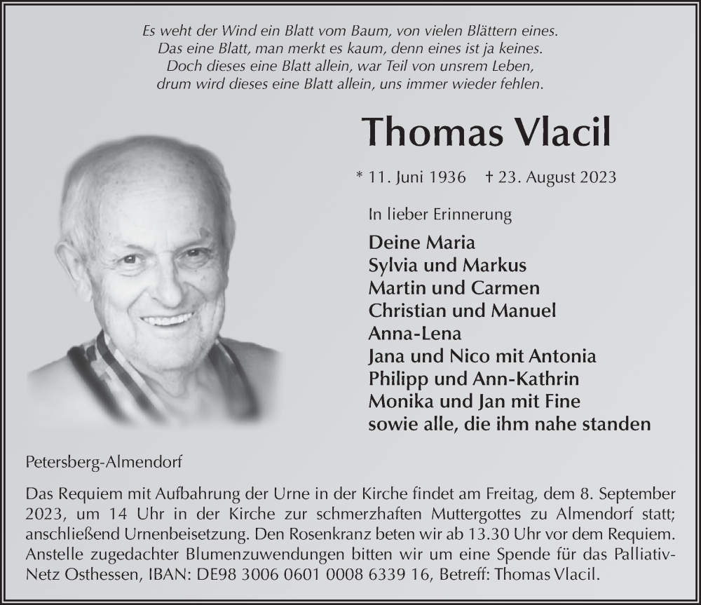  Traueranzeige für Thomas Vlacil vom 02.09.2023 aus FZ