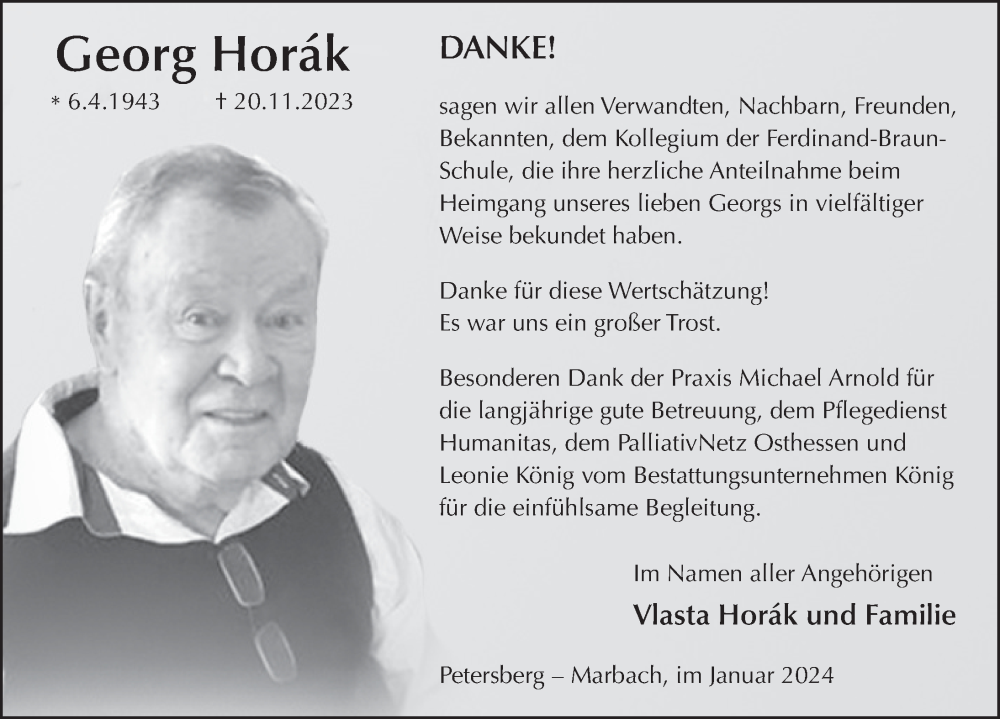  Traueranzeige für Georg Horak vom 20.01.2024 aus FZ
