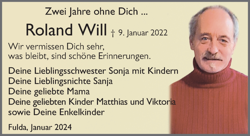  Traueranzeige für Roland Will vom 09.01.2024 aus FZ