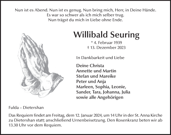 Traueranzeige von Willibald Seuring von FZ