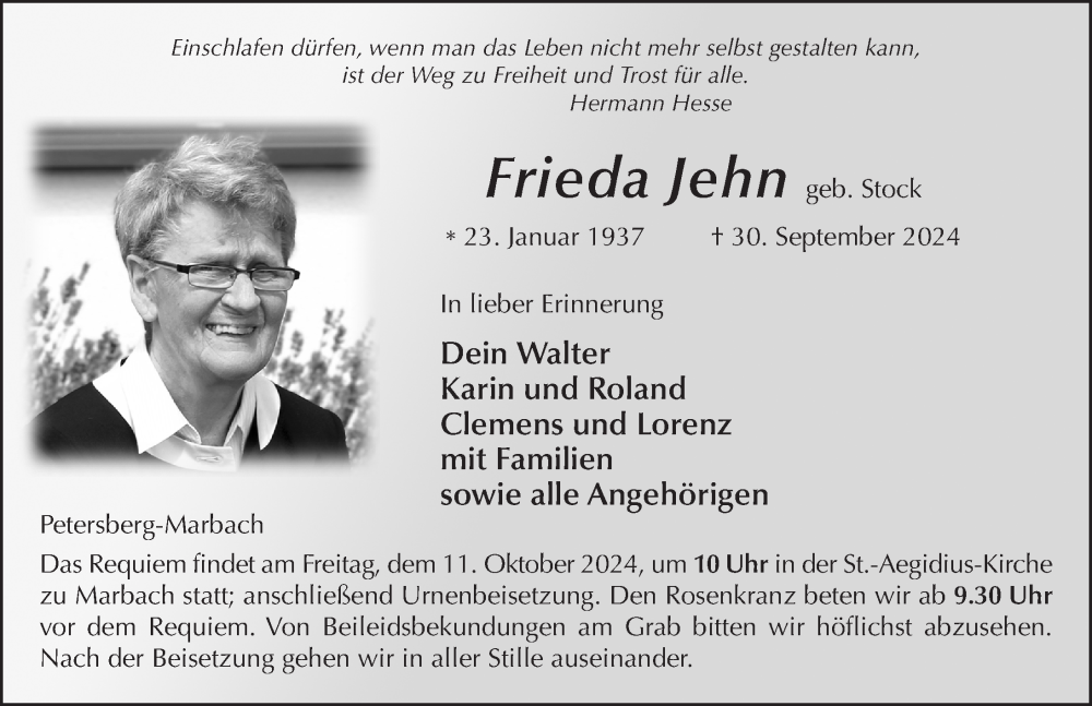  Traueranzeige für Frieda Jehn vom 05.10.2024 aus FZ