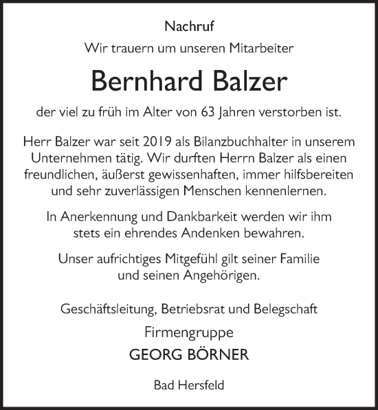 Traueranzeige von Bernhard Balzer von FZ