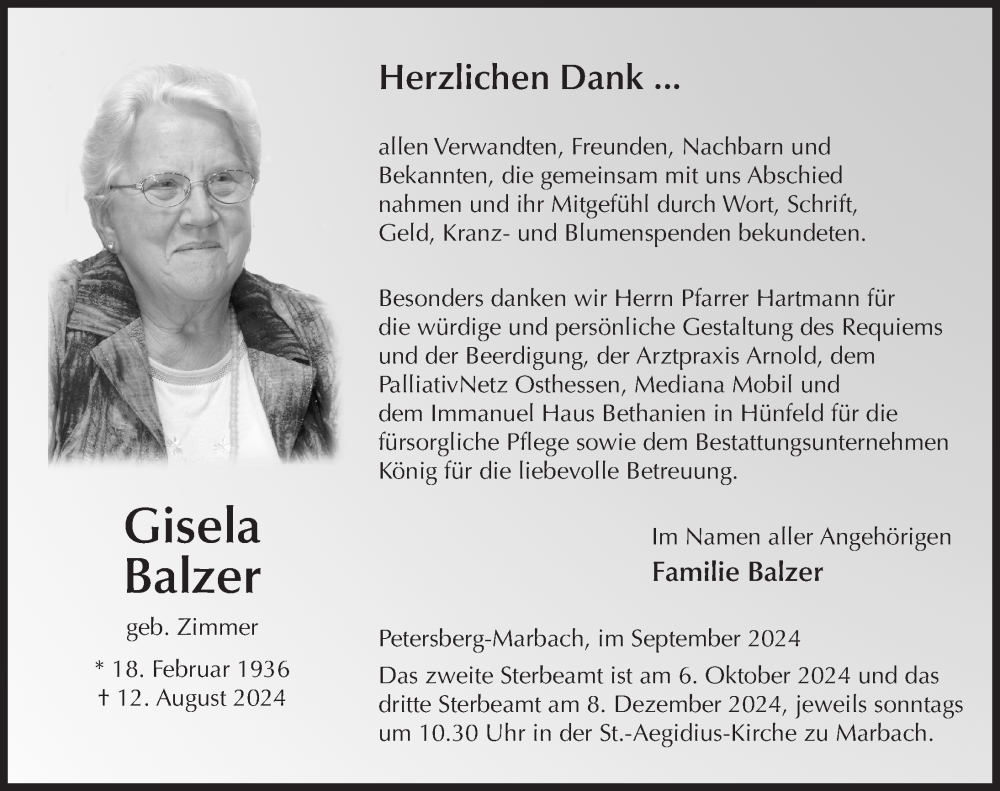 Traueranzeige für Gisela Balzer vom 28.09.2024 aus FZ