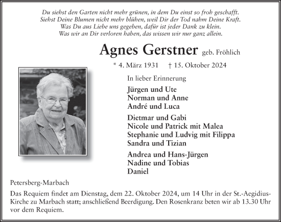 Traueranzeige von Agnes Gerstner von FZ