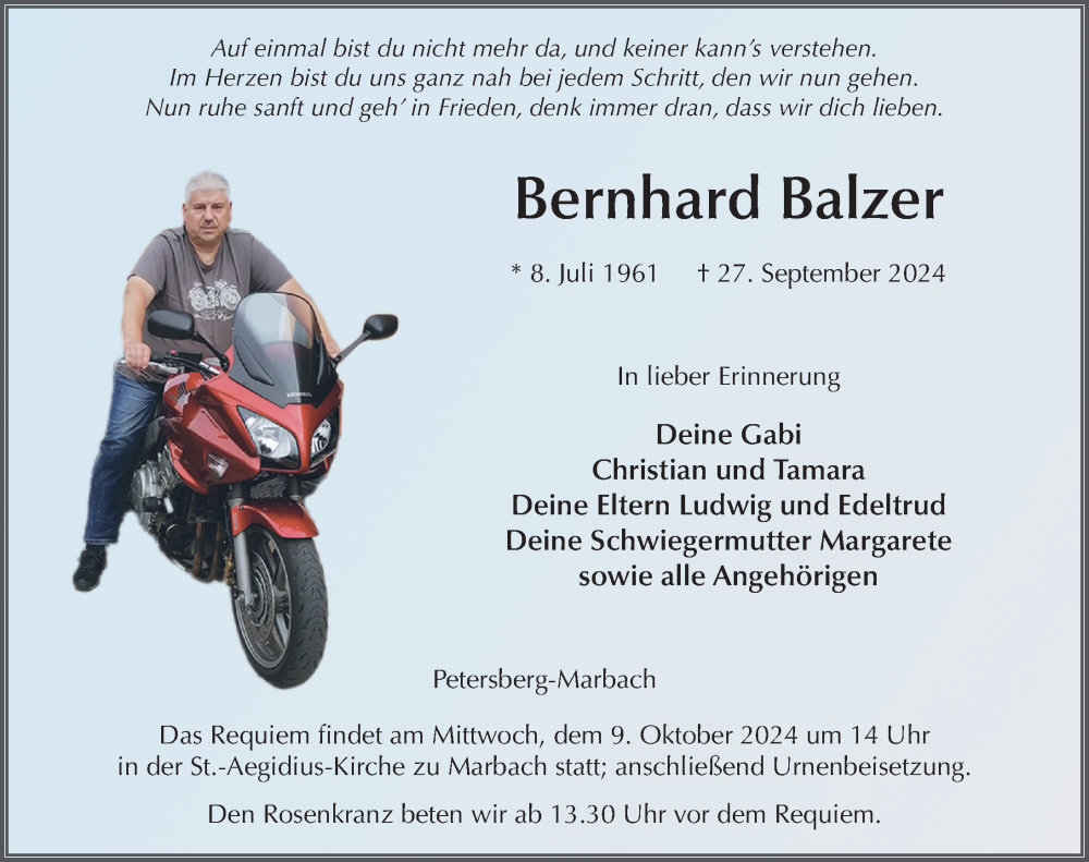  Traueranzeige für Bernhard Balzer vom 05.10.2024 aus FZ