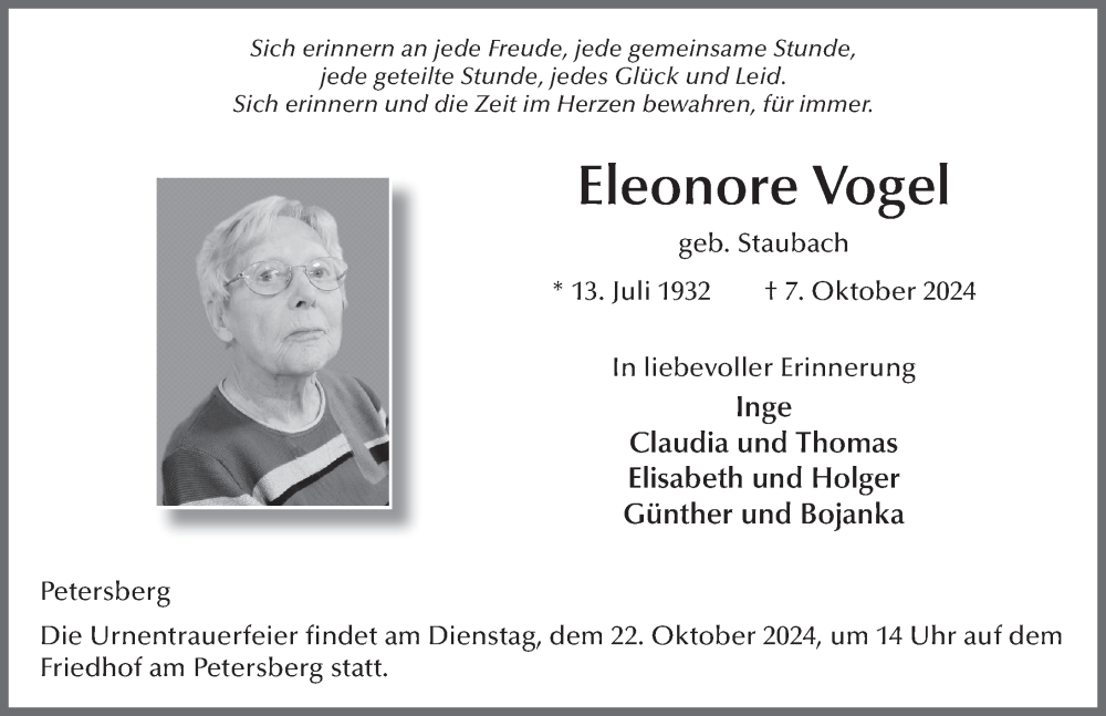  Traueranzeige für Eleonore Vogel vom 18.10.2024 aus FZ