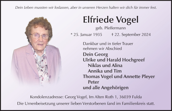 Traueranzeige von Elfriede Vogel von FZ