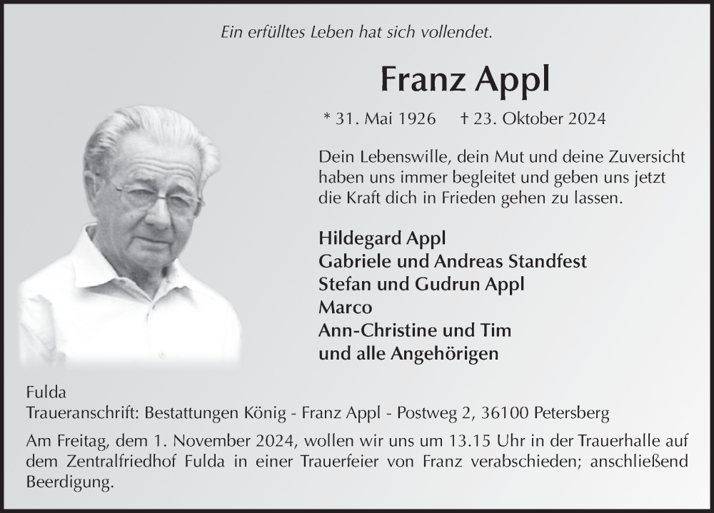  Traueranzeige für Franz Appl vom 29.10.2024 aus FZ