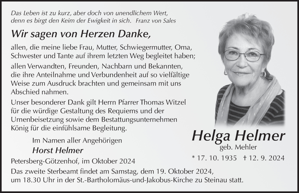  Traueranzeige für Helga Helmer vom 15.10.2024 aus FZ