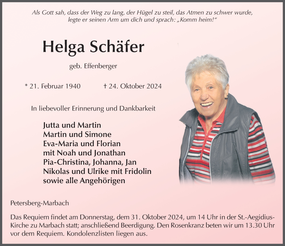  Traueranzeige für Helga Schäfer vom 26.10.2024 aus FZ