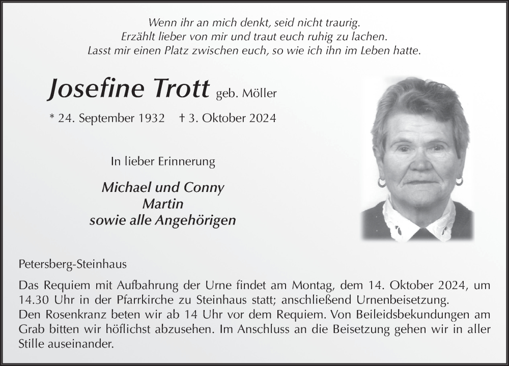  Traueranzeige für Josefine Trott vom 09.10.2024 aus FZ
