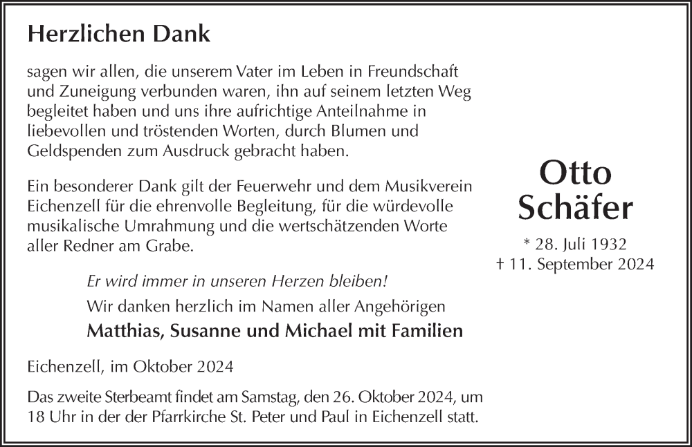  Traueranzeige für Otto Schäfer vom 16.10.2024 aus FZ