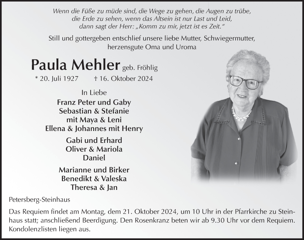  Traueranzeige für Paula Mehler vom 18.10.2024 aus FZ