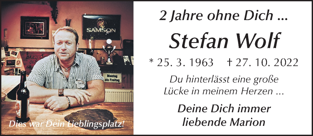  Traueranzeige für Stefan Wolf vom 28.10.2024 aus FZ