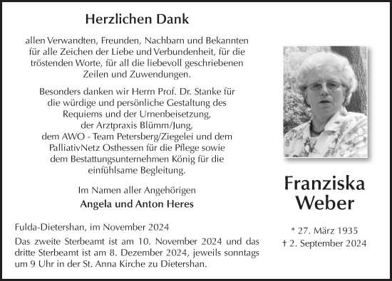 Traueranzeige von Franziska Weber von FZ