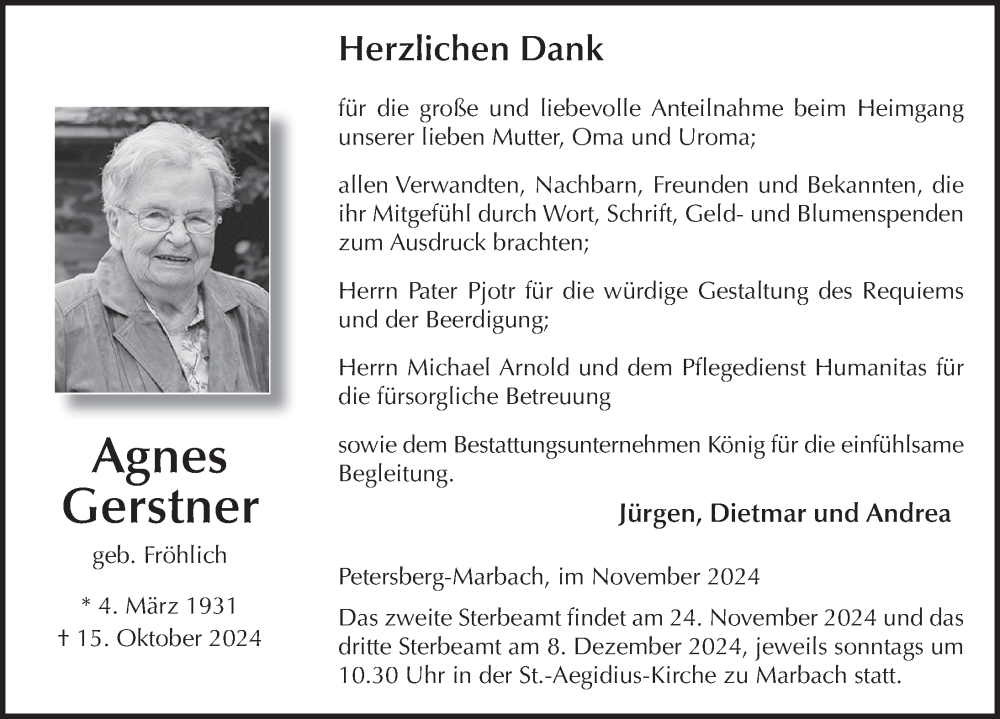  Traueranzeige für Agnes Gerstner vom 23.11.2024 aus FZ