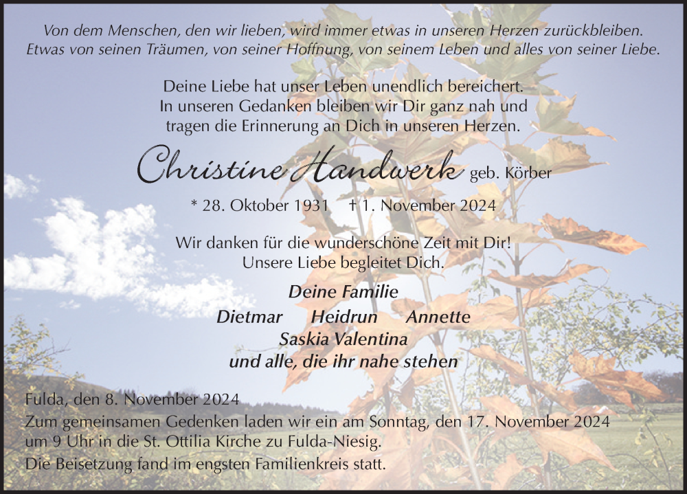  Traueranzeige für Christine Handwerk vom 08.11.2024 aus FZ