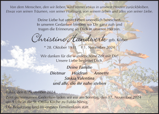 Traueranzeige von Christine Handwerk von FZ