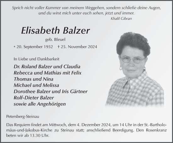 Traueranzeige von Elisabeth Balzer von FZ