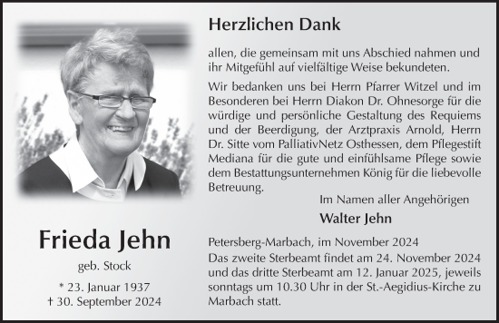 Traueranzeige von Frieda Jehn von FZ