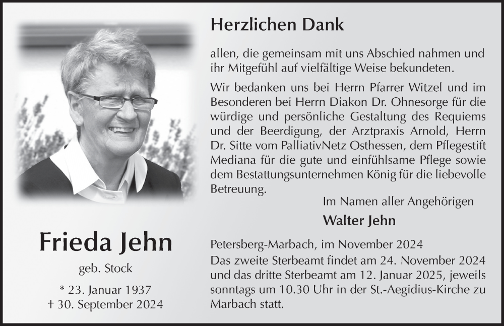  Traueranzeige für Frieda Jehn vom 08.11.2024 aus FZ