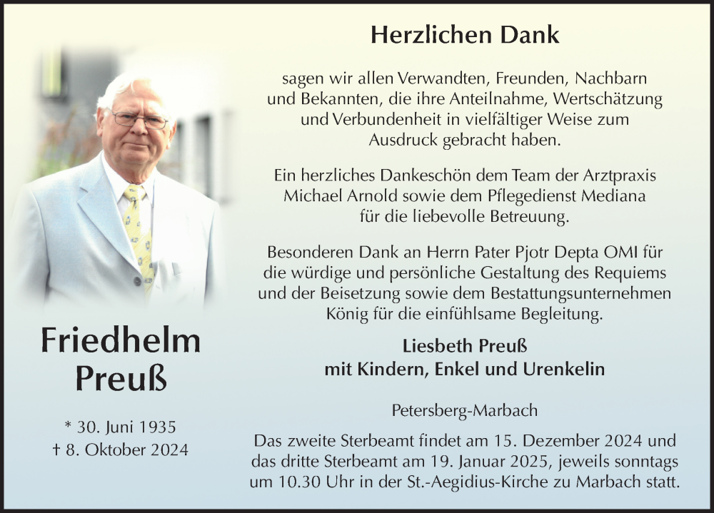  Traueranzeige für Friedhelm Preuß vom 23.11.2024 aus FZ