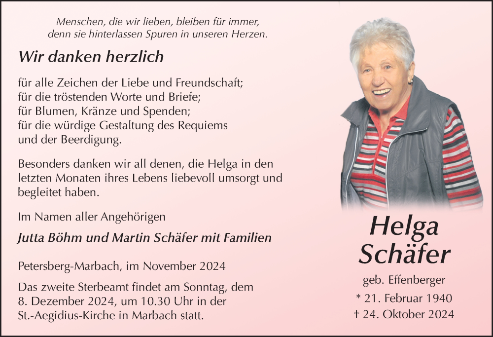  Traueranzeige für Helga Schäfer vom 30.11.2024 aus FZ