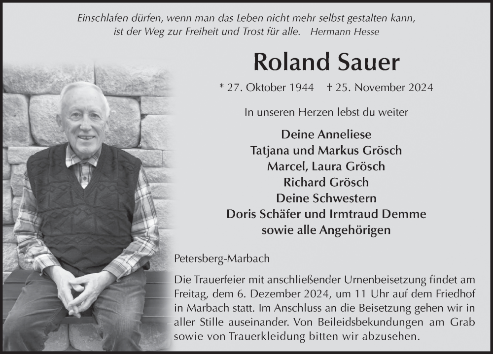  Traueranzeige für Roland Sauer vom 30.11.2024 aus FZ