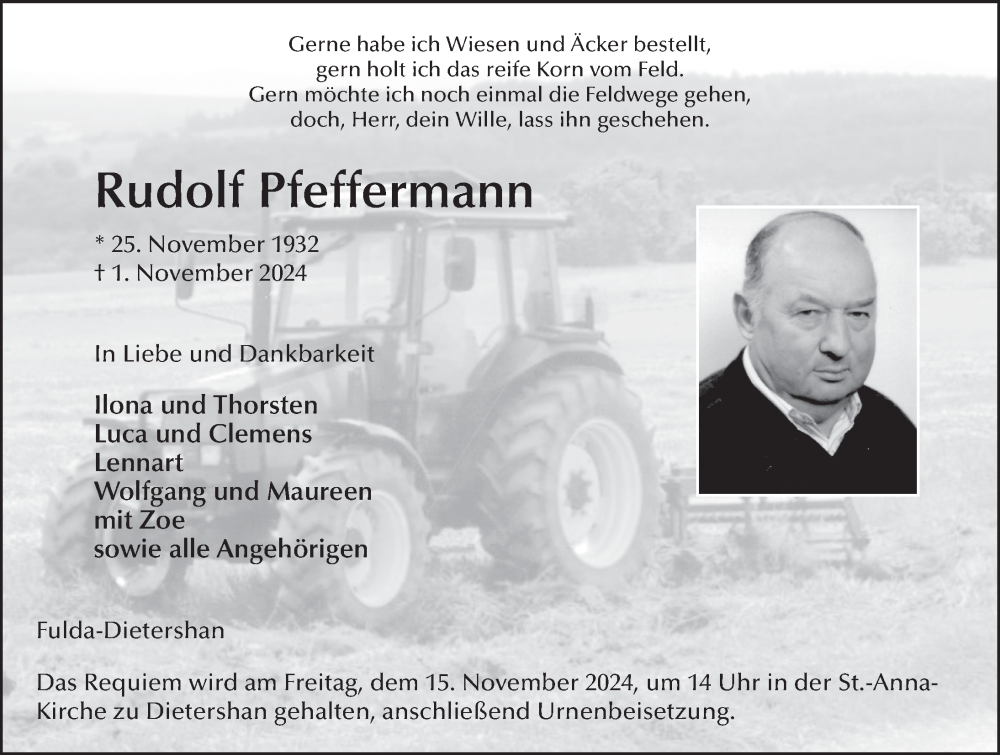  Traueranzeige für Rudolf Pfeffermann vom 09.11.2024 aus FZ