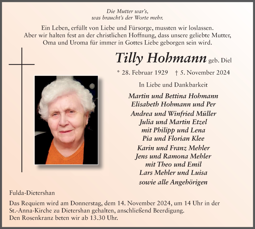  Traueranzeige für Tilly Hohmann vom 09.11.2024 aus FZ