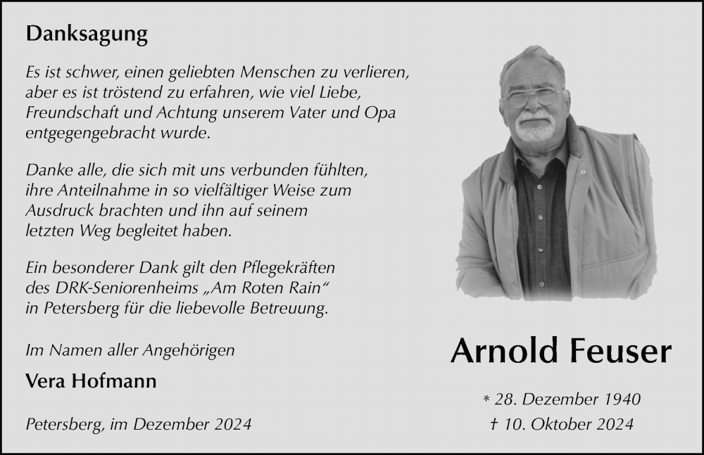 Traueranzeige für Arnold Feuser vom 20.12.2024 aus FZ