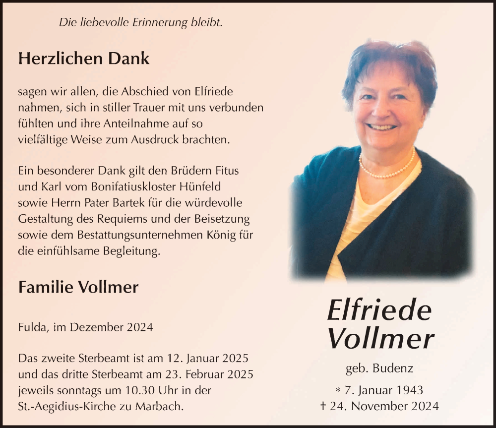  Traueranzeige für Elfriede Vollmer vom 21.12.2024 aus FZ