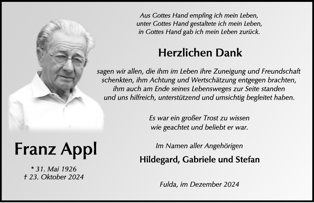  Traueranzeige für Franz Appl vom 21.12.2024 aus FZ
