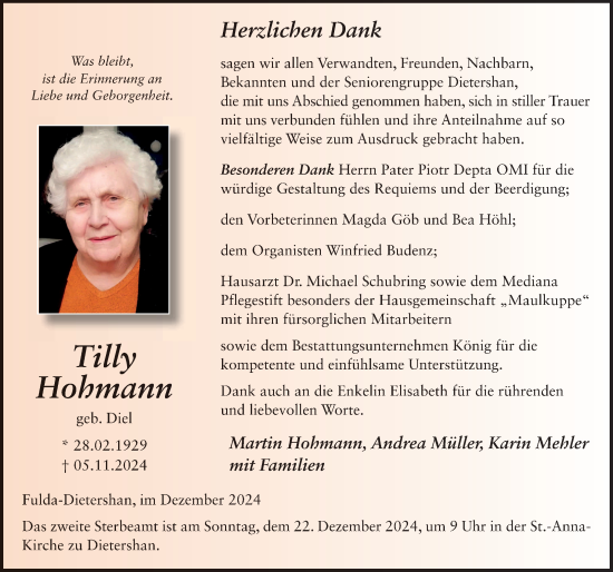 Traueranzeige von Tilly Hohmann von FZ