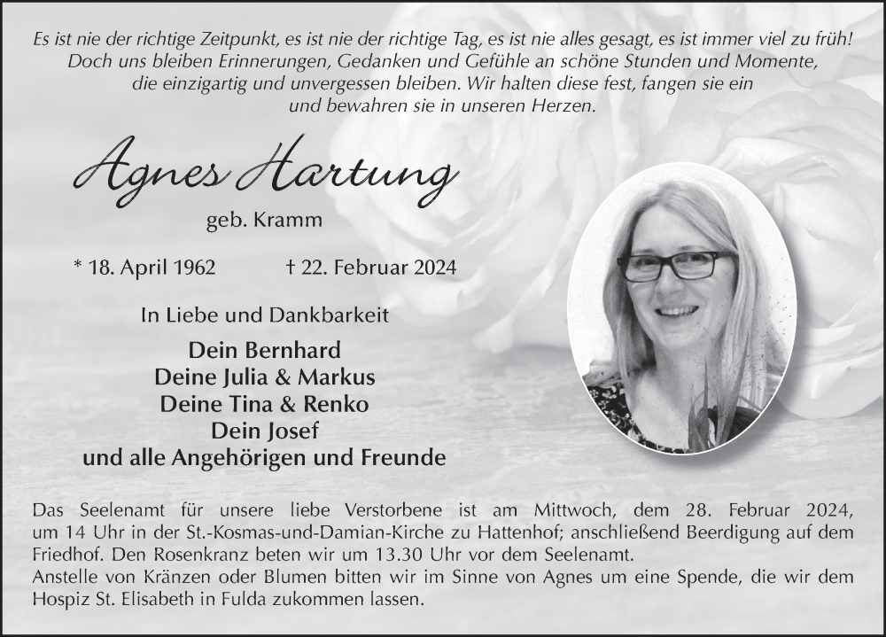  Traueranzeige für Agnes Hartung vom 26.02.2024 aus FZ